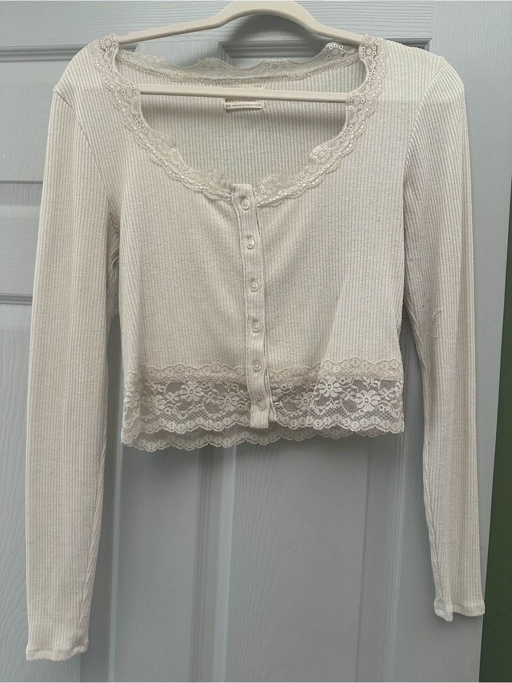 Urban Outfitters Cream Ribbed Lace-Trim Button-Front Long Sleeve Top